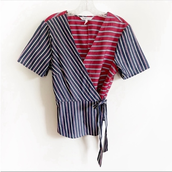 BCBGeneration shirt blue red mixed stripe surplice wrap - Picture 2 of 9